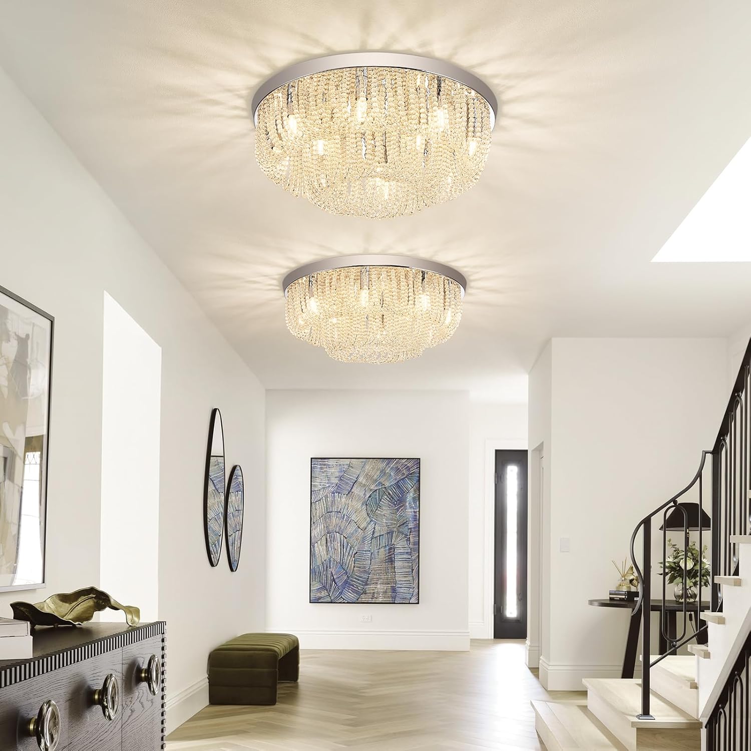 17" Crystal Chandelier, Semi Flush Mount Ceiling Light Fixture with Elegant Bead Chain Weaving, Chrome Ceiling Lamp Lighting for Living Room Dining Bedroom Bathroom Hallway Kitchen Closet