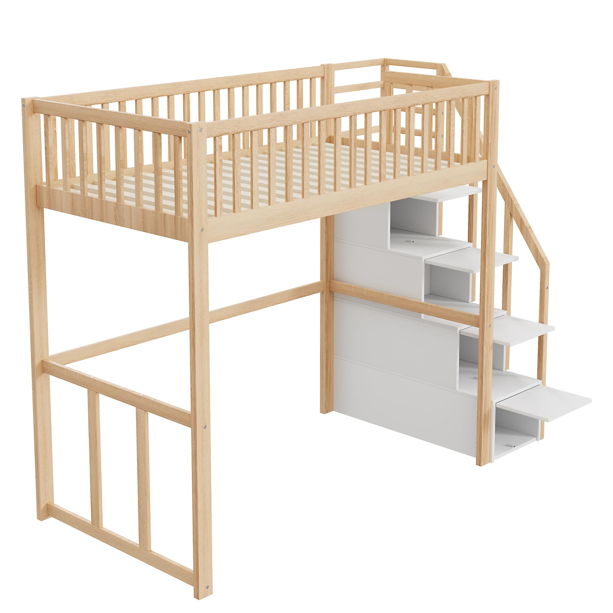 Soweiz Cama alta de 90 x 200 cm con escalera y espacio de almacenamiento, cama de madera con barandilla de seguridad, cama juvenil para niños y jóvenes, litera para dormitorio que ahorra espacio