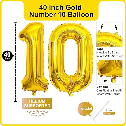 Miniatura 2 de Lovoir Globo dorado de 40 pulgadas, 10 dígitos gigantes, de papel de aluminio de Mylar para helio de 10 cumpleaños, decoración de celebración,