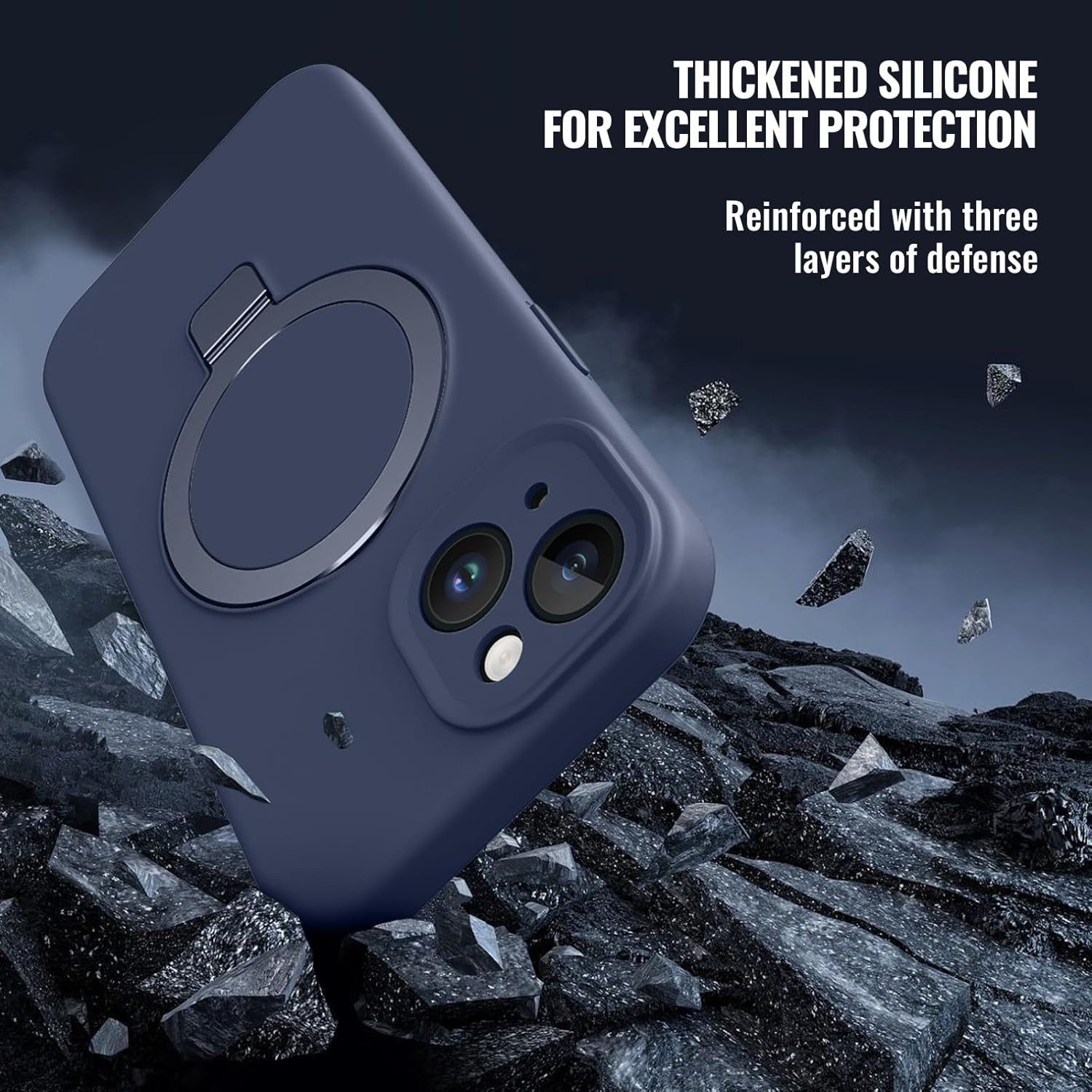 Compatible with iPhone 13 Case with Stand, Slim Premium Liquid Silicone Phone Cases for iPhone 13 6.1" Compatible with MagSafe Magnetic Ring Kickstand Case Full Camera Protection, Dark Blue