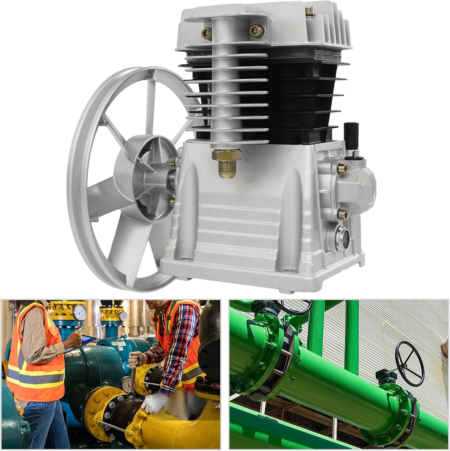 Compressor Motor Head 2HP 1.5KW, 200L/52.83Gal/min Single Stage Twin Cylinder Industrial Compressor Head Pump Motor Air Compressor Pump Head for Automotive Industry, Pneumatic Tools