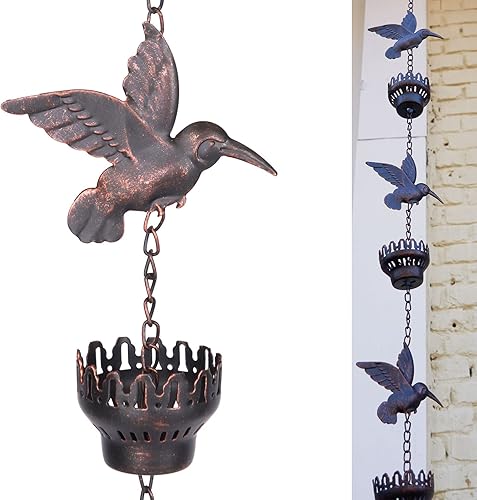 SMQLJXC Cadena de lluvia decorativa para colibrí y copa de 85 pies para exteriores con campana para drenaje