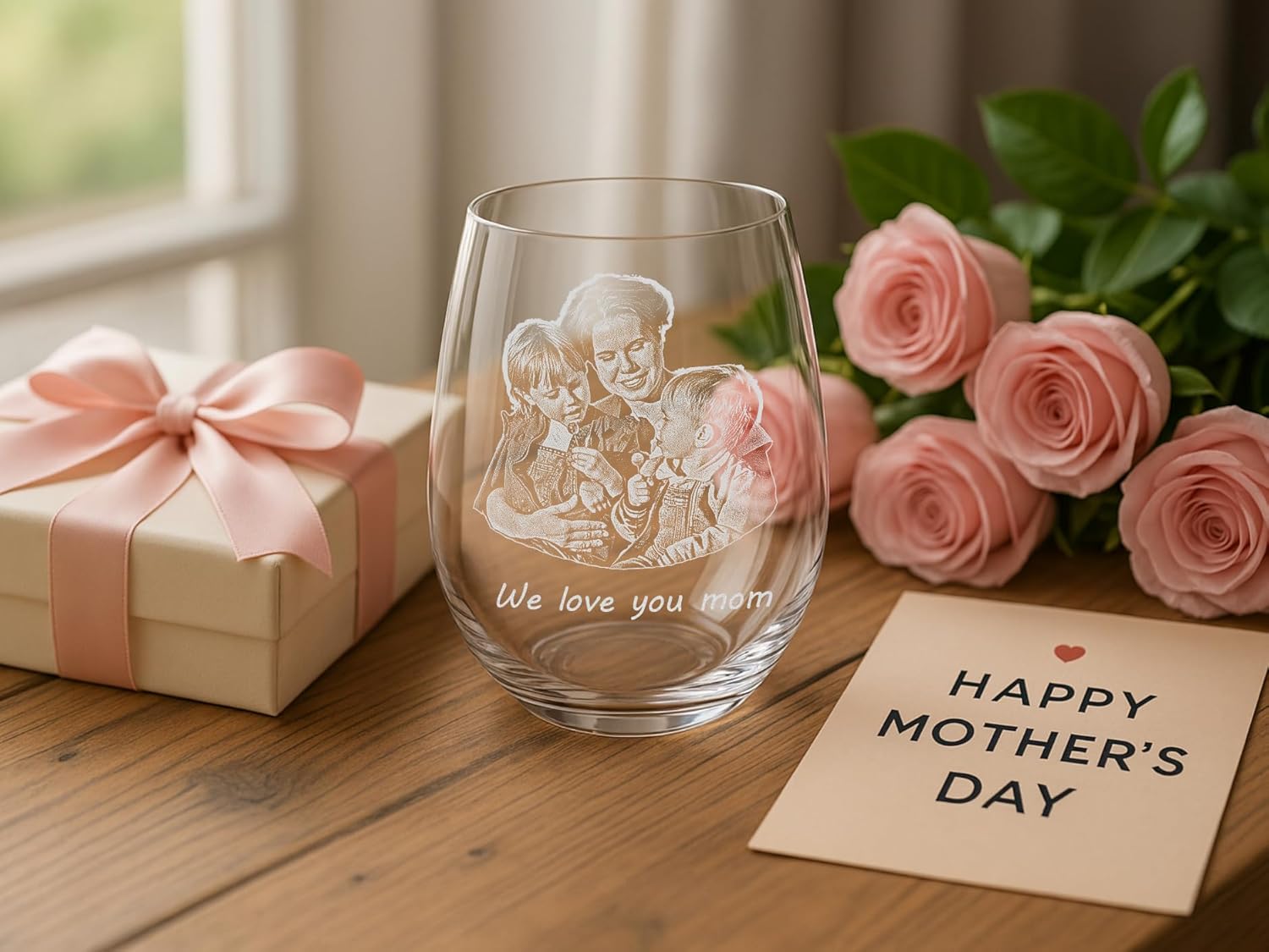 Personalized Mother's Day Gifts for Mom - Custom Engraved Photo Stemless Wine Glass, Cute Mother Gifts from Daughter Son, Mom Presents, Gift for Grandma