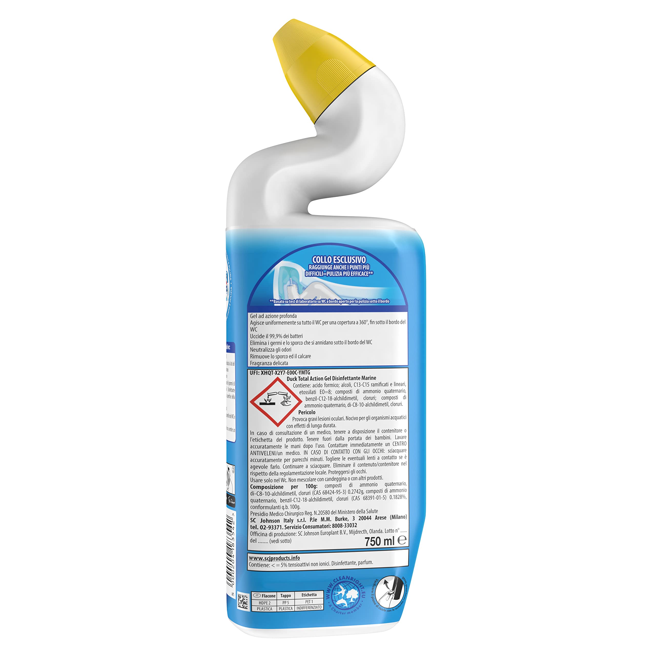 Duck WC Gel Disinfettante - Liquido per WC, Uccide fino al 99,9% dei batteri, Fragranza Marine, Formato Scorta da 12 pezzi