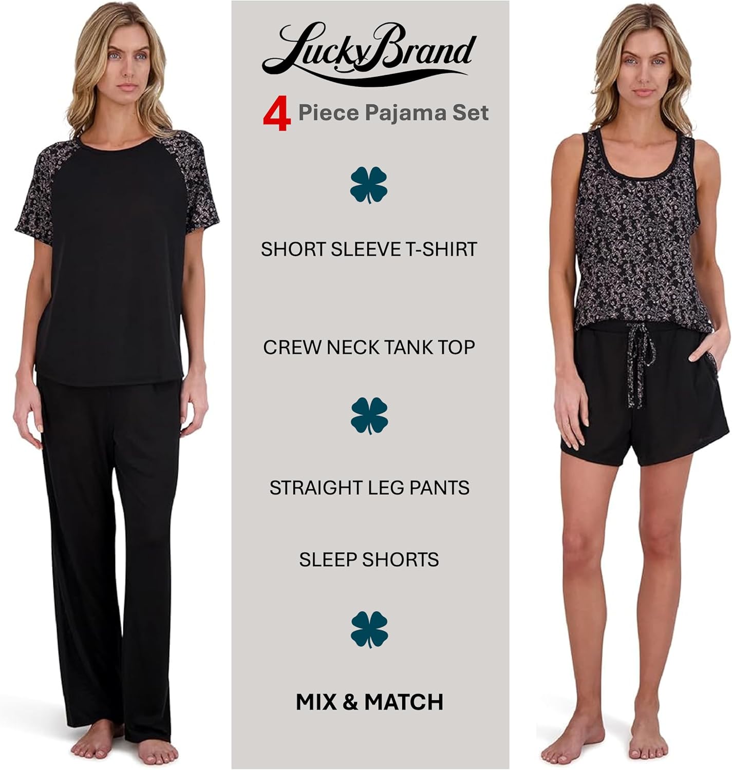 Lucky Brand Women's Pajama Set - 4 Piece Sleep Shirt, Tank Top, Pajama Pants, Lounge Shorts (S-XL) - Image 4