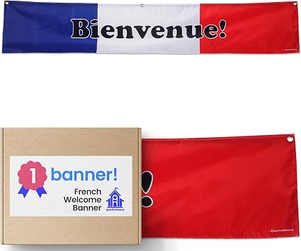 Quarterhouse French France - Red, White, and Blue Flag Banner for Foreign Language-ESL Classrooms, Bilingual Businesses, and Special Events - Polyester, 60 x 10 Inches
