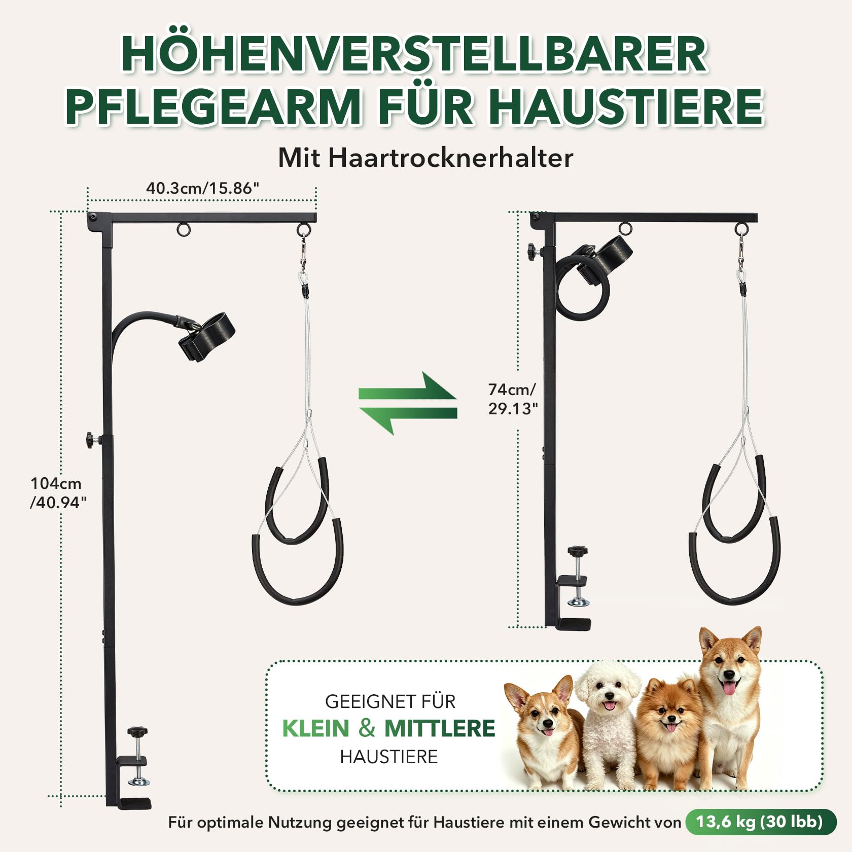 Pindex Verstellbarer Hundepflegearm mit Klemme, 74–104 cm, Hundepflegetisch-Arm inkl. Föhnhalter und Schlaufe für kleine und mittelgroße Hunde