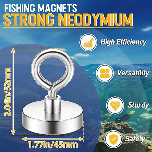 Miniatura 32 de Imanes de pesca de neodimio fuertes, 700 libras (698.9 lbs) de potencia de tracción, imanes de tierras raras, 2.95 pulgadas (2.953 in) de diámetro