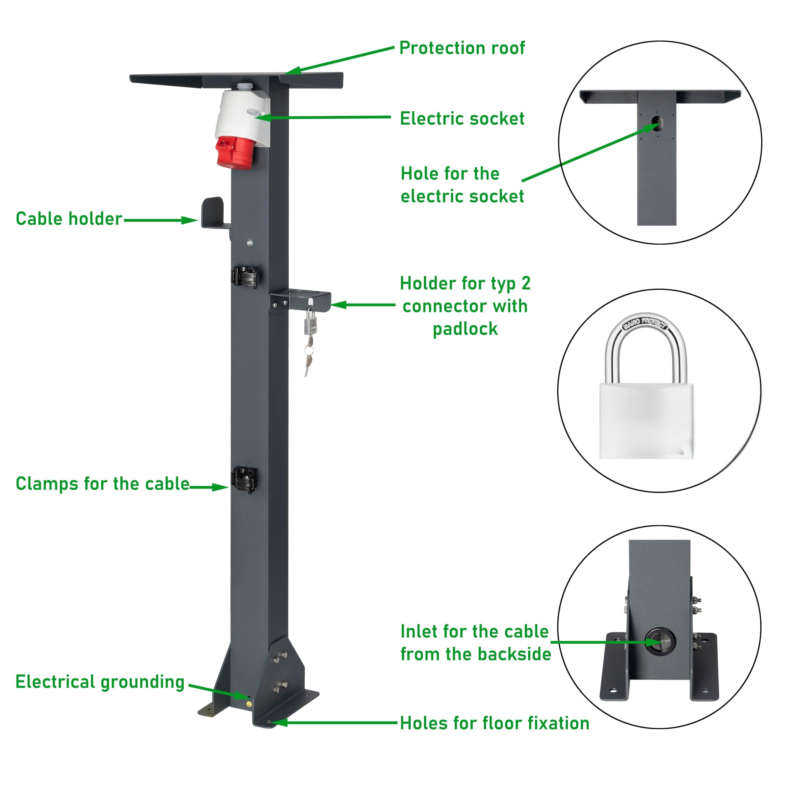 supporto universale di alta qualità in alluminio per stazione di ricarica mobile con tetto, supporto per cavi e presa per veicoli elettrici (CEE 3F, 16A, 11 kW)