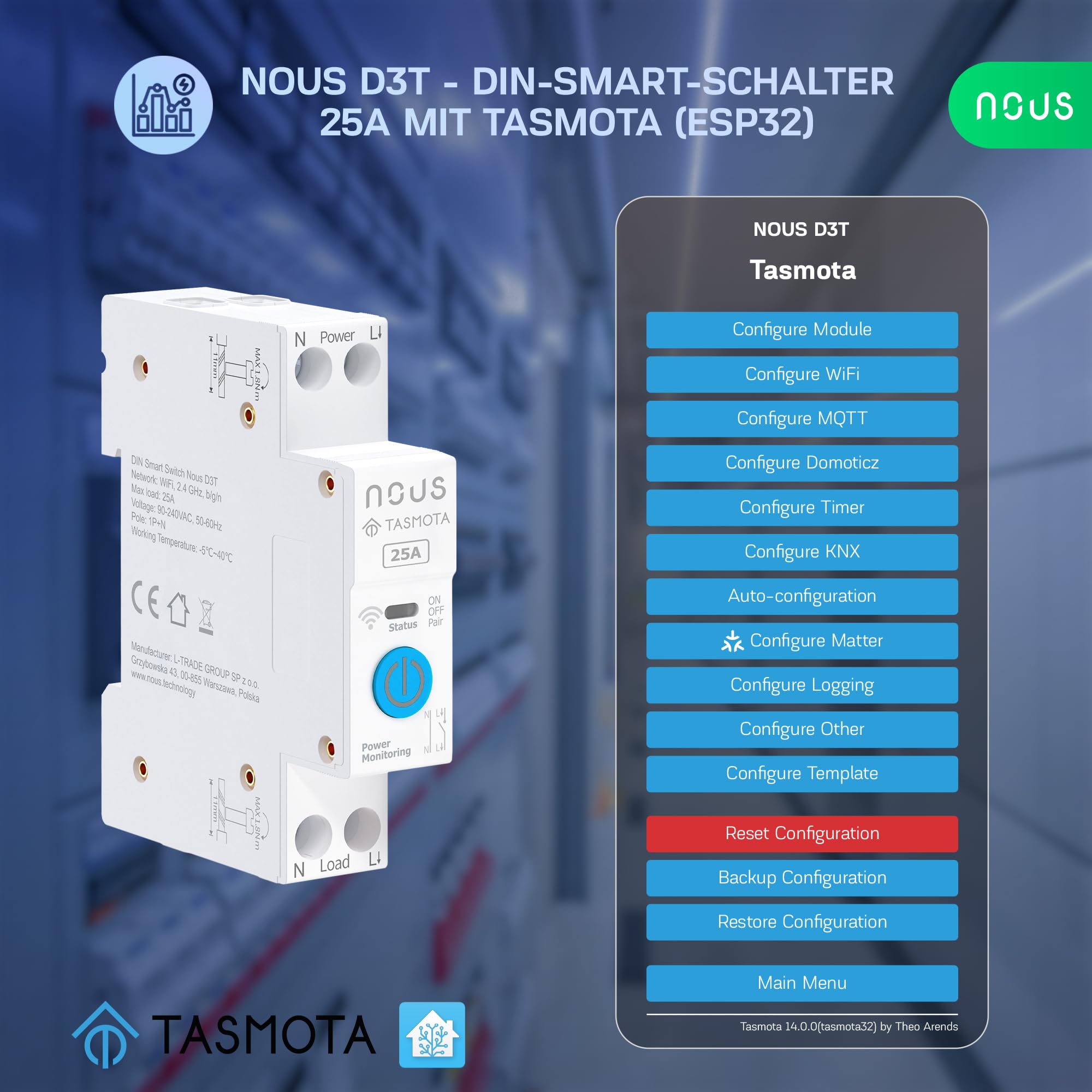 Nous Inteligentny przełącznik DIN 25 A z Tasmota (ESP32), monitorowanie energii, kompatybilny z MQTT, Home Assistant, Matter, sterowanie głosem za pomocą Alexa, Google Assistant