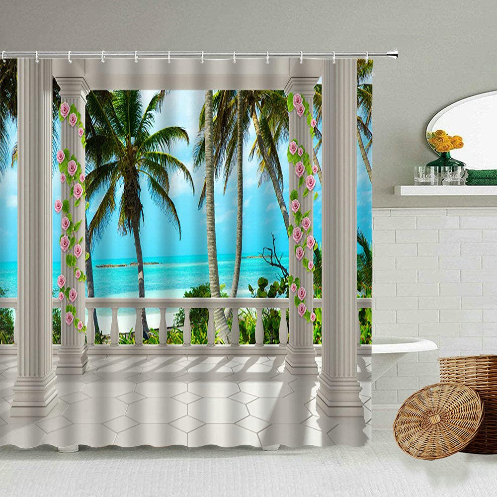 Ocean Sunshine Beach Landschap Douche Gordijn Blauw Hemel Golven Groen Plant Hawaii Landschap Thuis Badkamer Muur Deco met Haak Screen-W180xH200cm