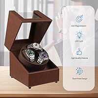 Vista 7 de J&T Technology Enrollador de reloj para relojes automáticos, enrollador automático de reloj con luz LED, caja de reloj giratoria con motor Marrón