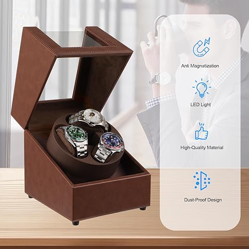 Miniatura 7 de J&T Technology Enrollador de reloj para relojes automáticos, enrollador automático de reloj con luz LED, caja de reloj giratoria con motor Marrón