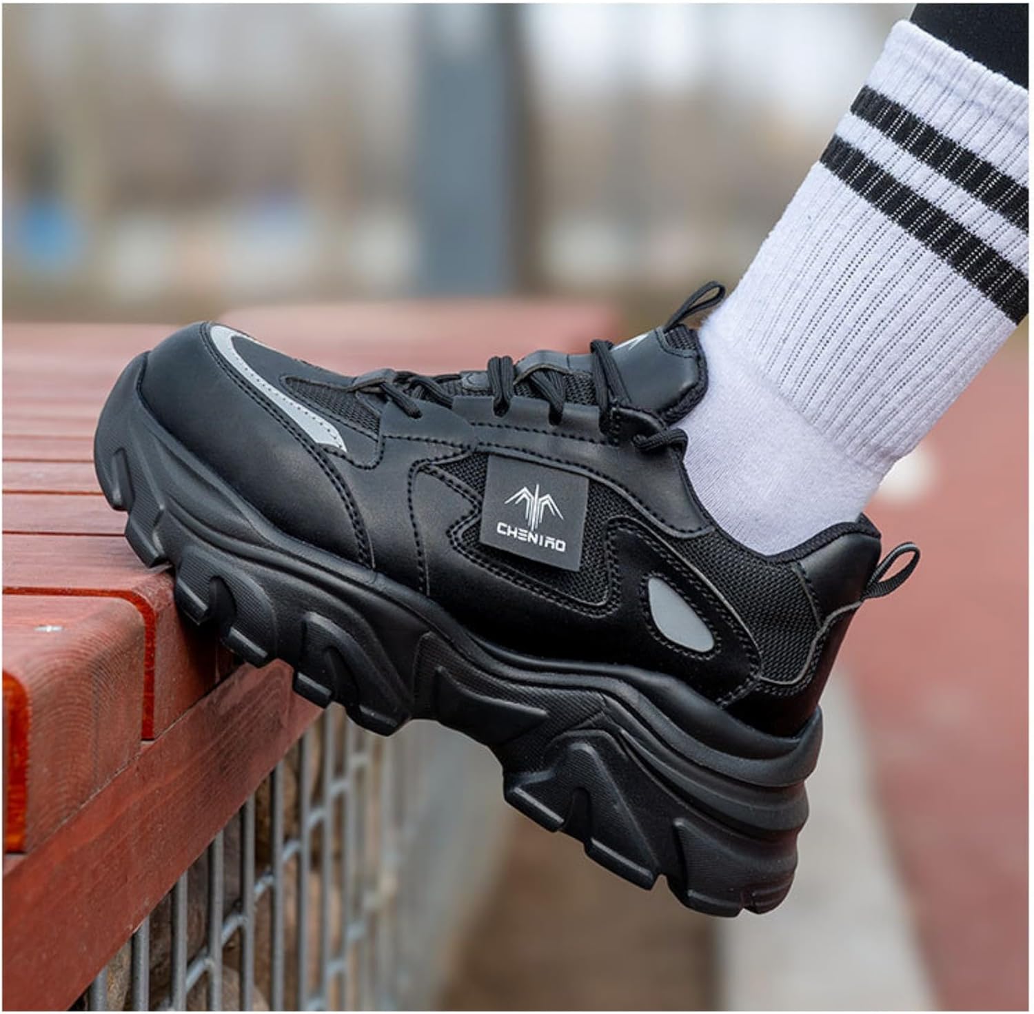 Women's Lightweight PVC Steel Toe Safety Shoes Lace-Up Breathable Chunky Sneakers