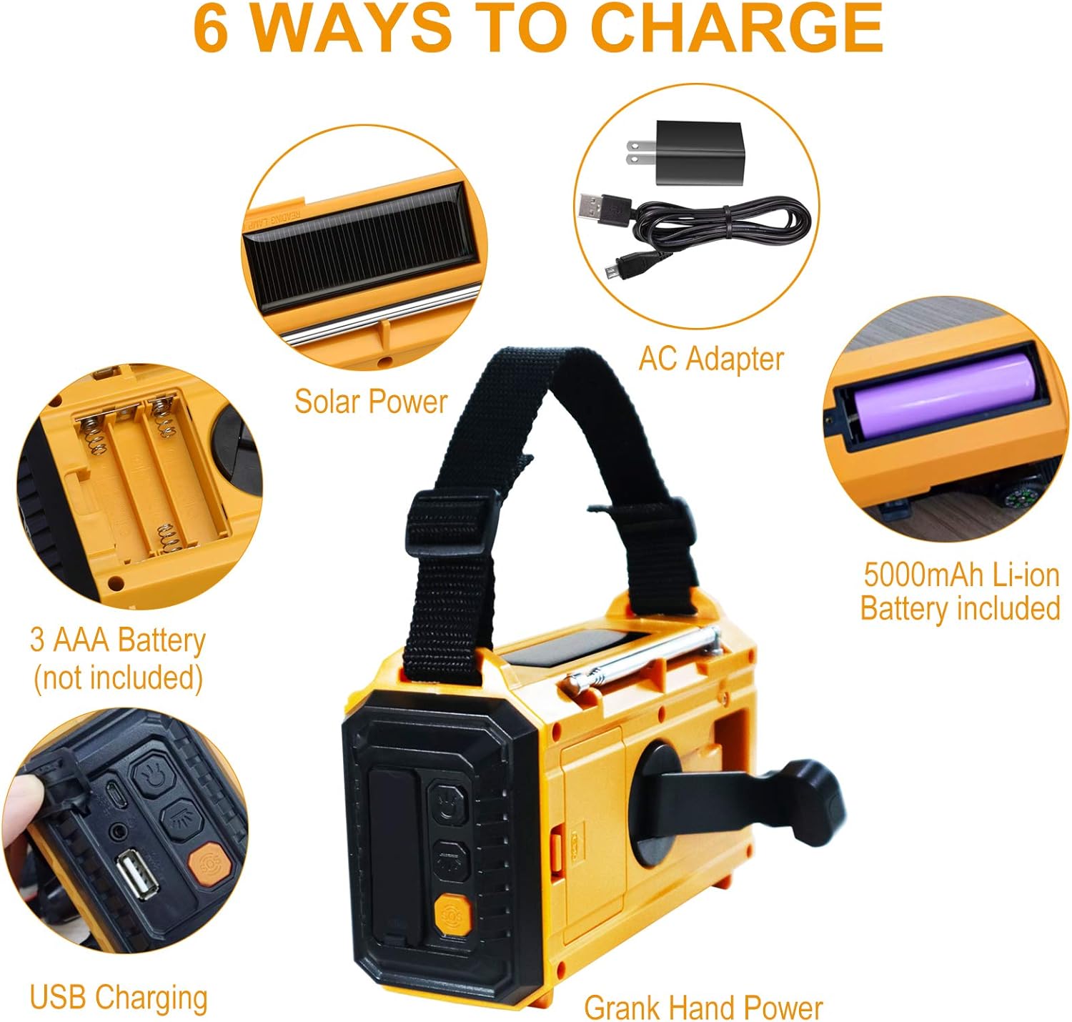 Emergency Radio Raynic 5000mAh Weather Radio Solar Hand Crank AM/FM/SW/NOAA Weather Alert Portable Radio with Cellphone Charger, Headphone Jack, Flashlight, Reading Lamp and SOS Alarm (Yellow) : Electronics