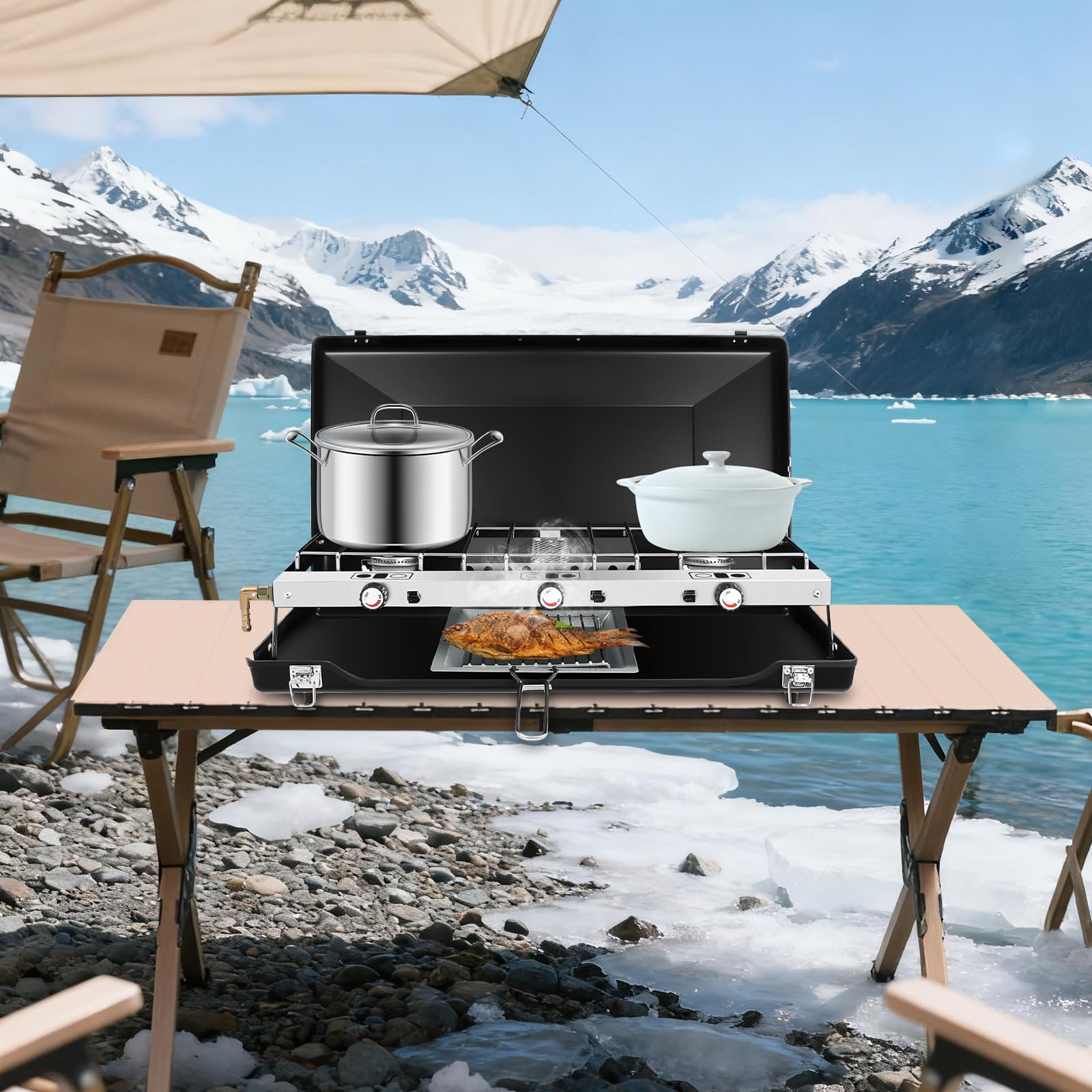 Fornello a gas a 3 fuochi per campeggio e esterni, 4,5 kW, con accensione piezoelettrica, per propano e butano, piano di cottura a gas pieghevole per picnic e giardino (56,5 x 30 x 34 cm)