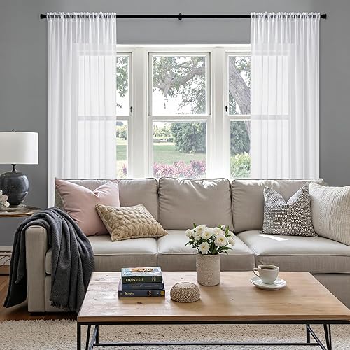 Miniatura 5 de MIULEE Cortinas traslúcidas con textura de lino blanco de 90 pulgadas de largo, juego de 2 paneles para dormitorio, sala de estar, paneles de red