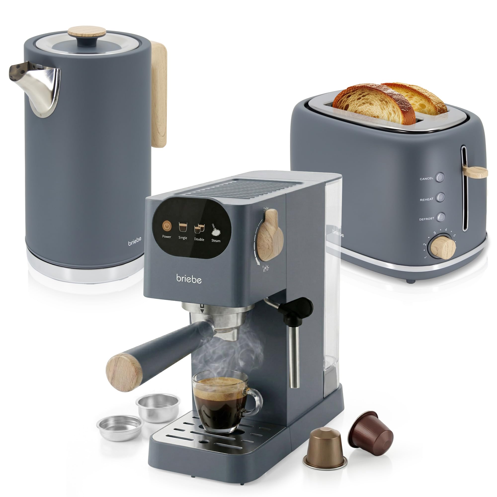 briebe Nordic Ensemble Machine à Café Expresso 20 Bars Capsules et Café Moulu + Bouilloire Électrique 1,7L sans Fil, 2200W + Grille Pain 2 Fentes Larges, Set Petit-Déjeuner Design Nordique Gris