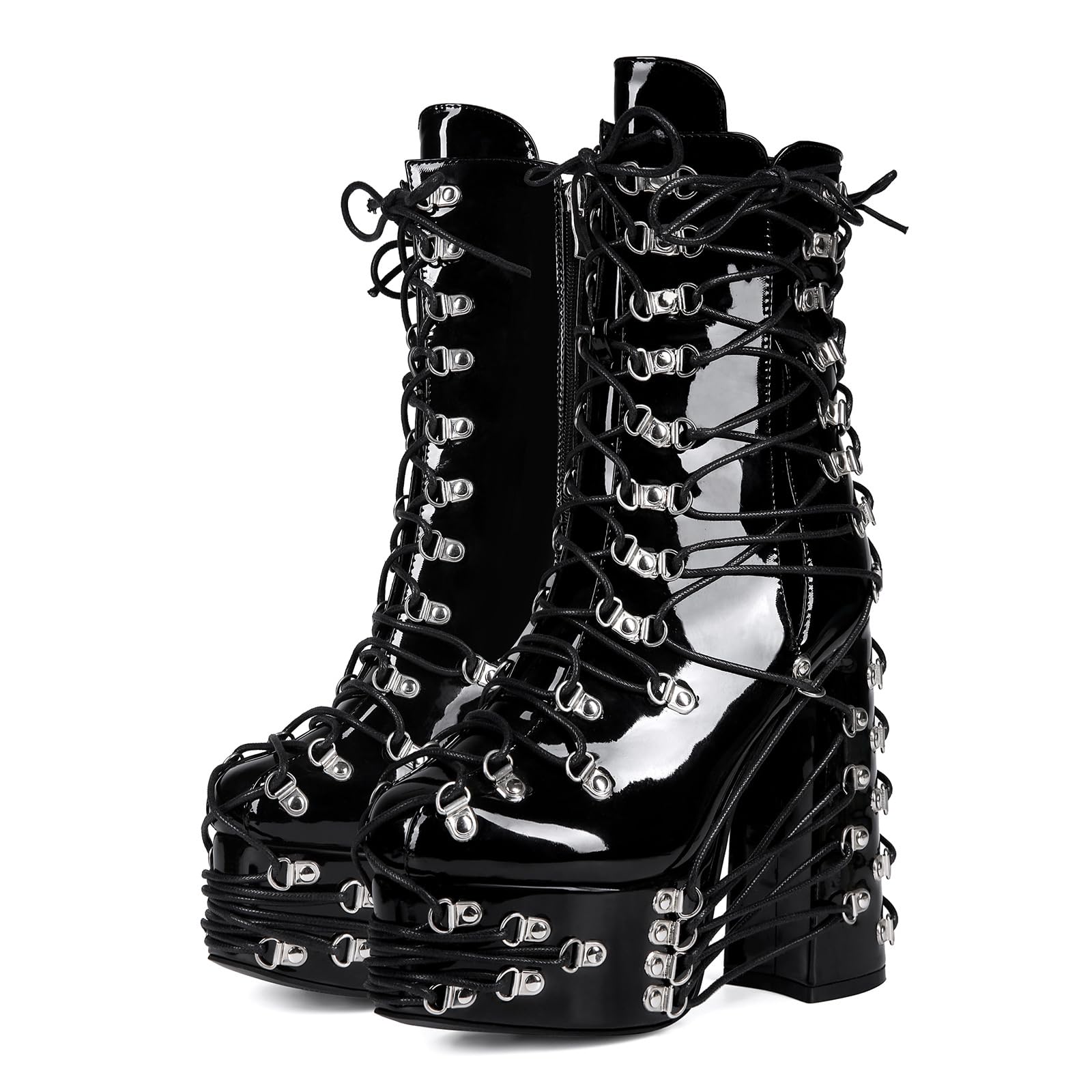 Damen Stiefeletten Plateau Schnürboots Blockabsatz Schnürstiefeletten mit D-Ringen Verzierter Schnürung