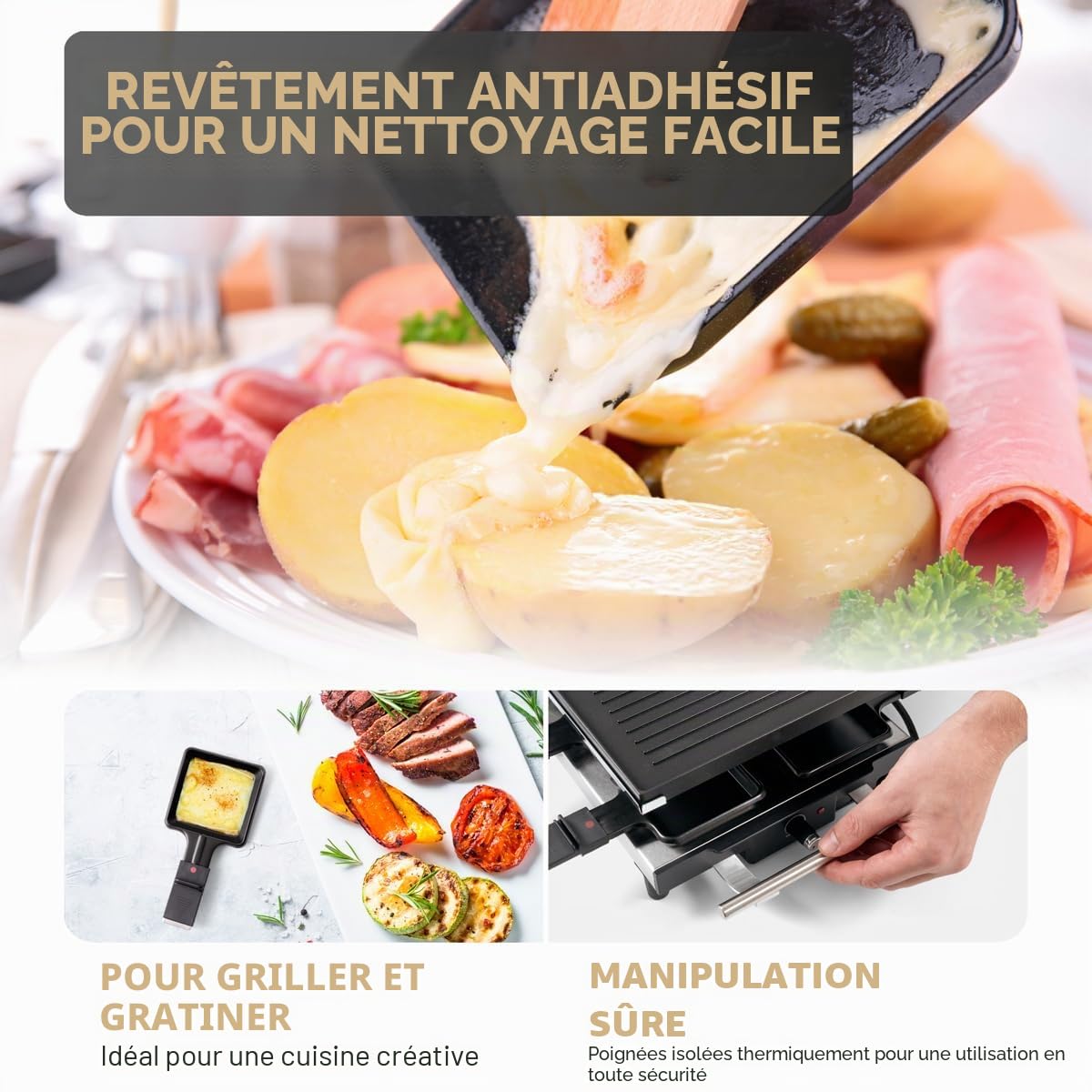 ProfiCook® 2 en 1 Raclette-Grill | 10 personnes | Plaque en pierre et plaque de grill | Revêtement antiadhésif | Thermostat réglable en continu | 1700 watts | Acier inoxydable | PC-RG 1144