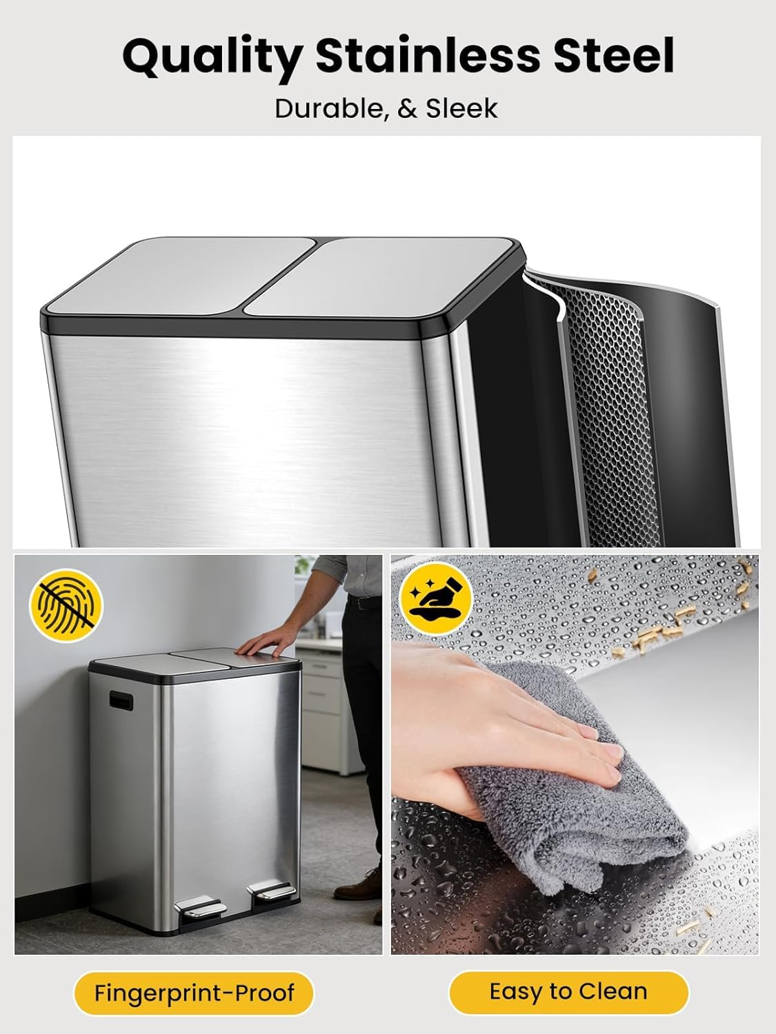 YEAUPE PRO Poubelle Cuisine 40L 2x20L, Système Tri Déchets Recyclage à Pédale 2 Bacs, Acier Inoxydable, Seaux Amovibles, Anti-Odeurs, Couvercle Soft Close, 15 Sacs Inclus, pour Cuisine Maison Bureau