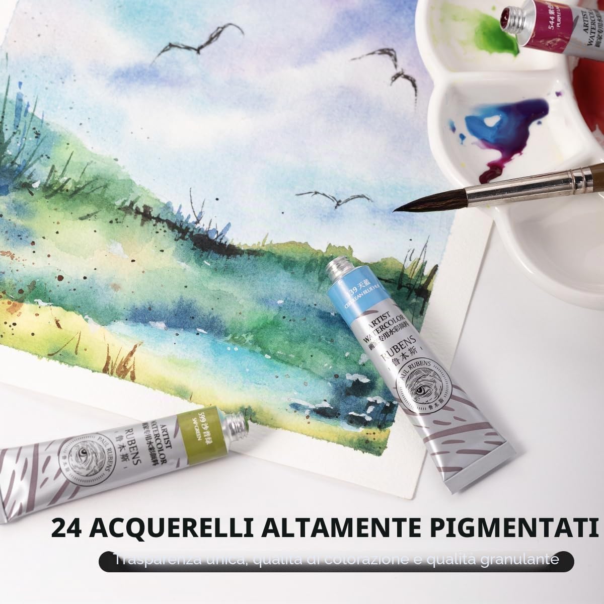 Paul Rubens Set di colori ad acquerello, 24 colori vivaci, tubetti da 12 ml, forniture artistiche per adulti, artisti e principianti