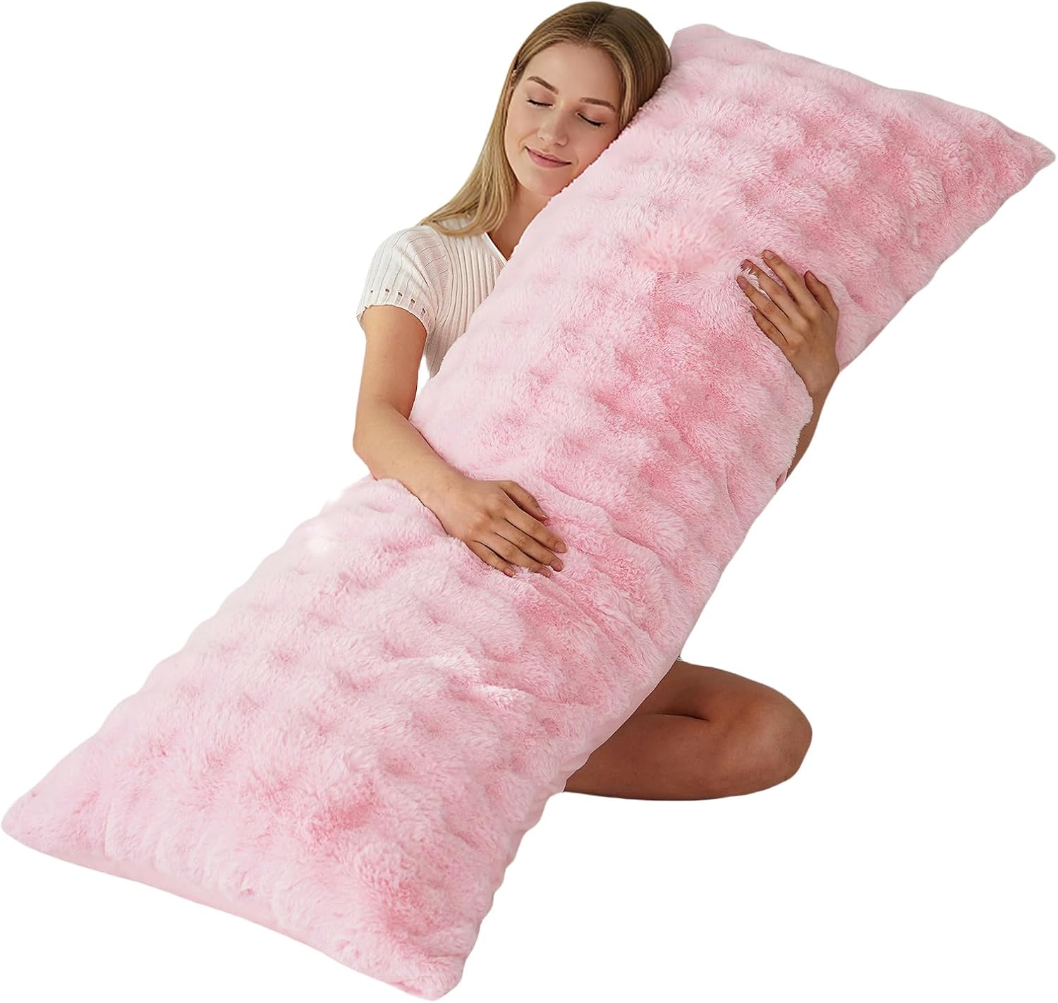 Full Body Pillow with Fluffy Bubble Waffle Carved Faux Fur Removable Cover, Long Bed Pillow Adult 20x54 Inches for Side Sleeper and Pregnancy, Pink.