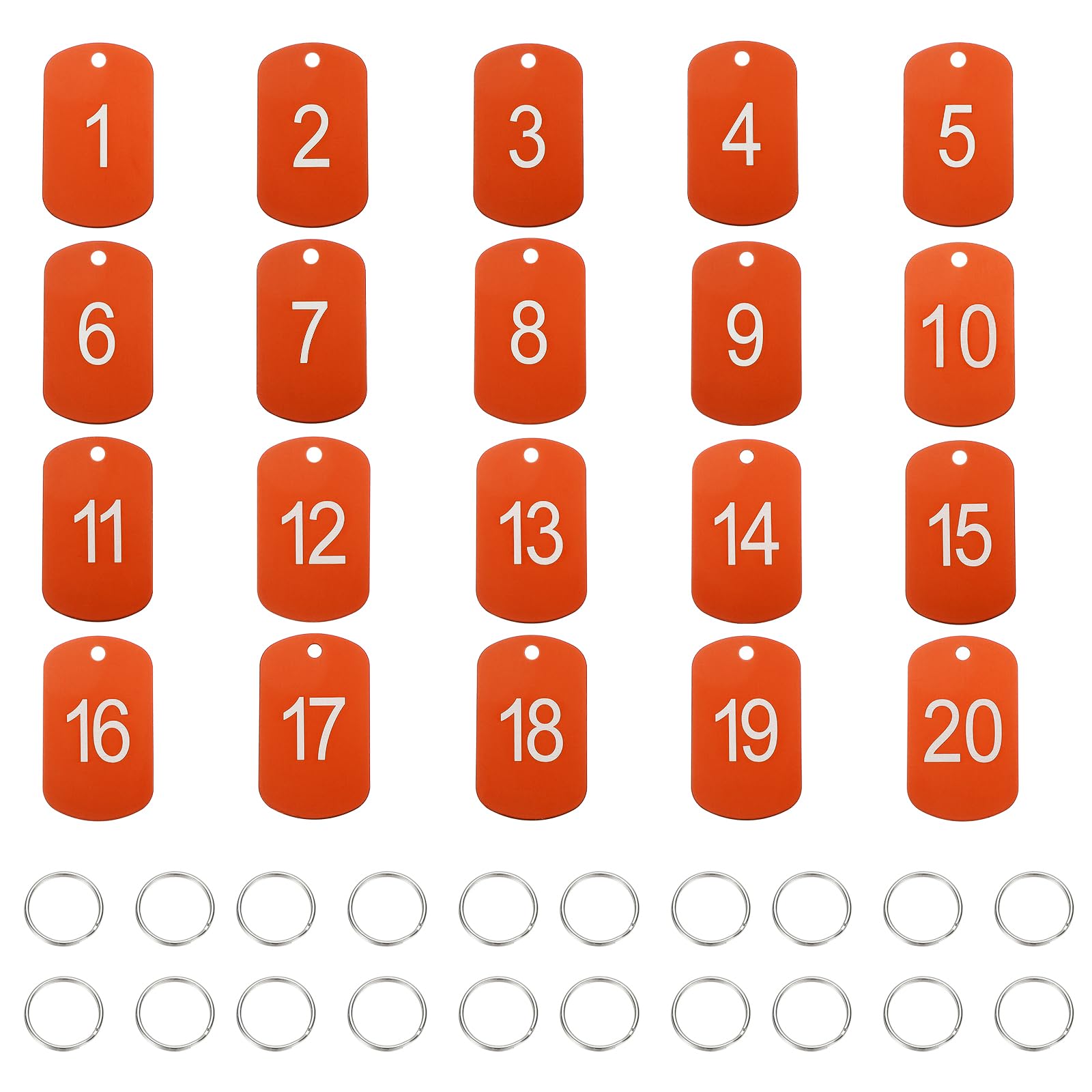 PATIKIL 20PCS Number Tags 1-20, Table Number Key Tags Aluminum Numbered Keychain Metal Rectangle with Key Rings for Organizer Field Sales Hangers Clothes Labels ID, Orange