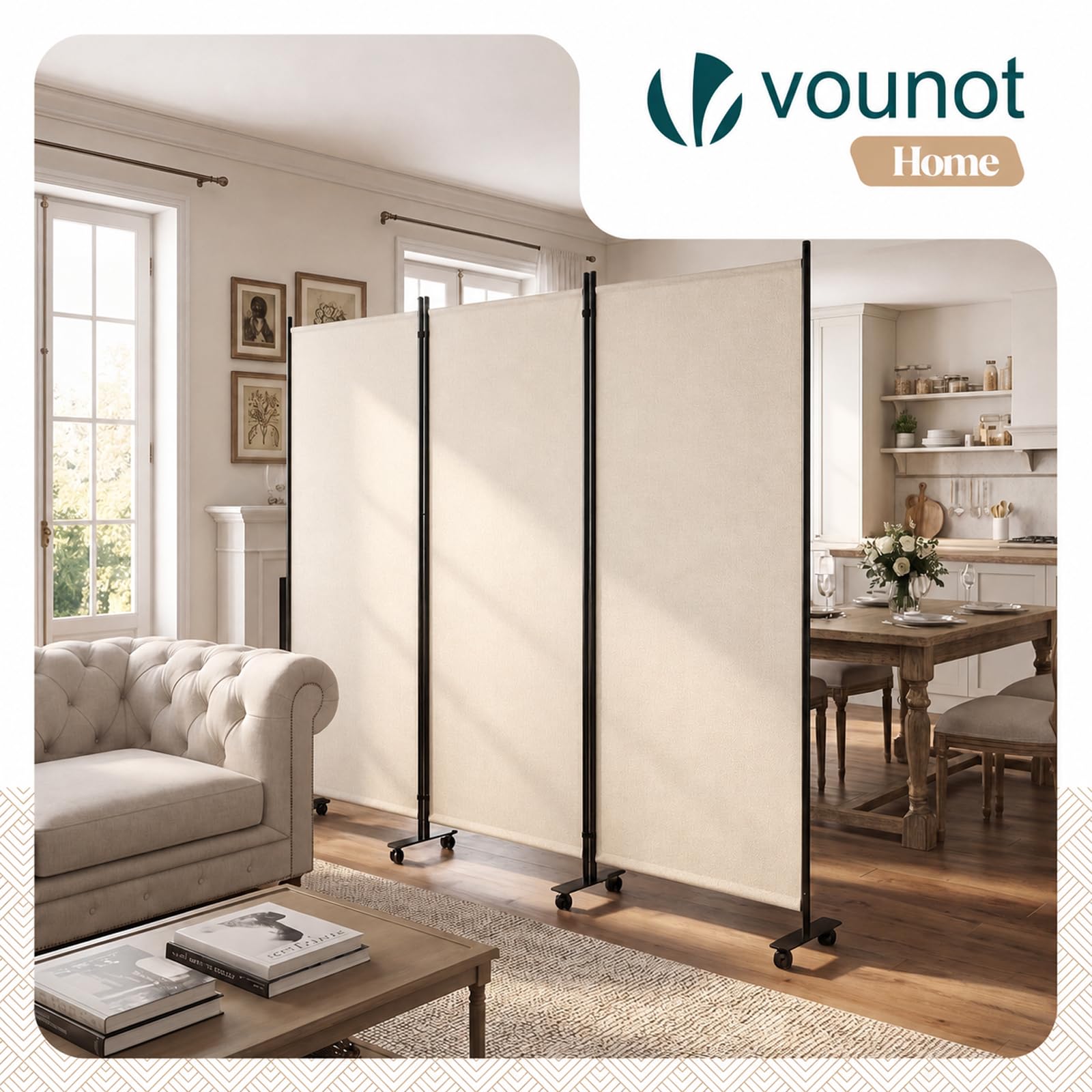 VOUNOT® Separe Divisorio Interno a 3 Pannelli con Ruote, Paravento Pieghevole Autoportante Privacy per Salotto, Camera da Letto e Ufficio, 262 x 30 x 180 cm, Beige