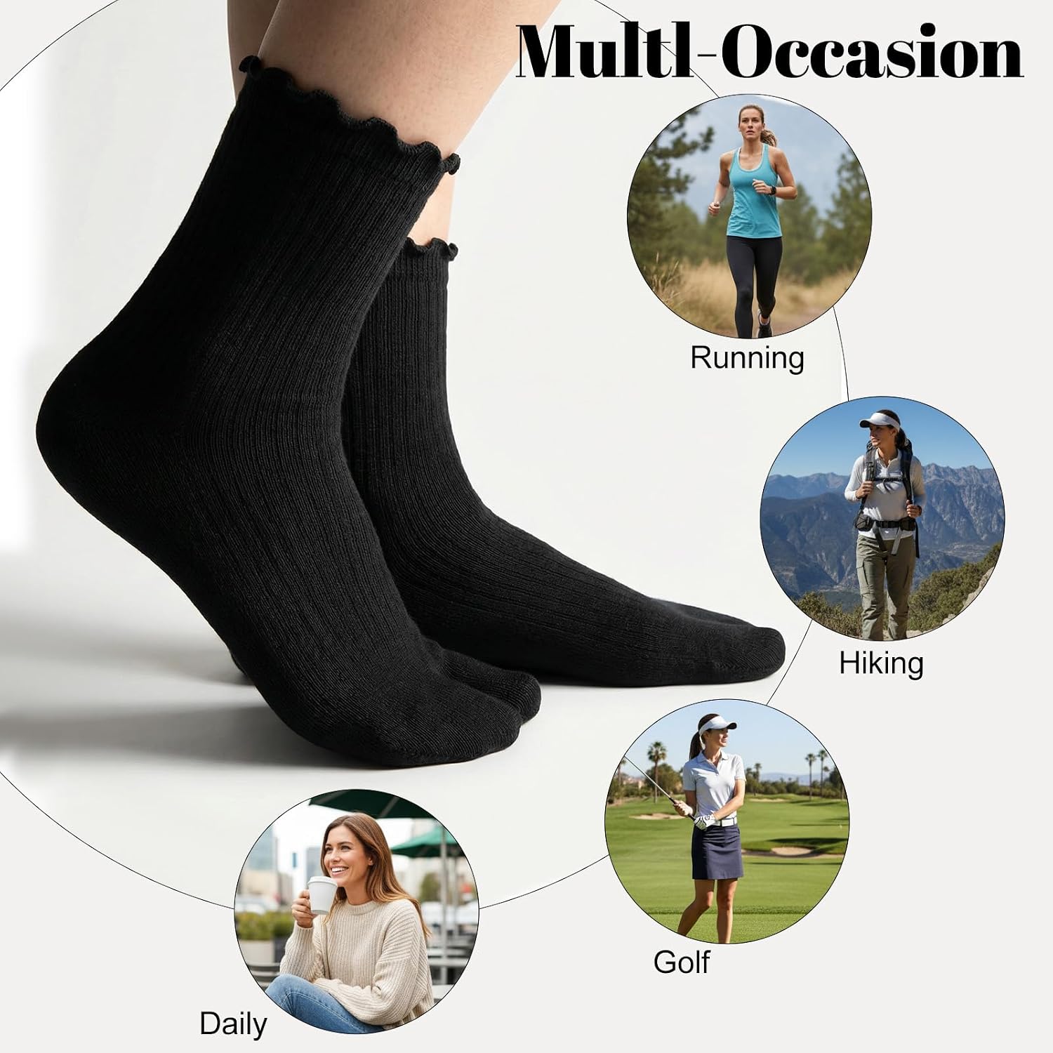 3 Pairs Tabi Socks Women, Soft Black Tabi Socks, Cotton Mid-Calf, Big Toe Sock with Ruffle, Comfortable Casual Wear Breathable for Flip Flops Women, Black
