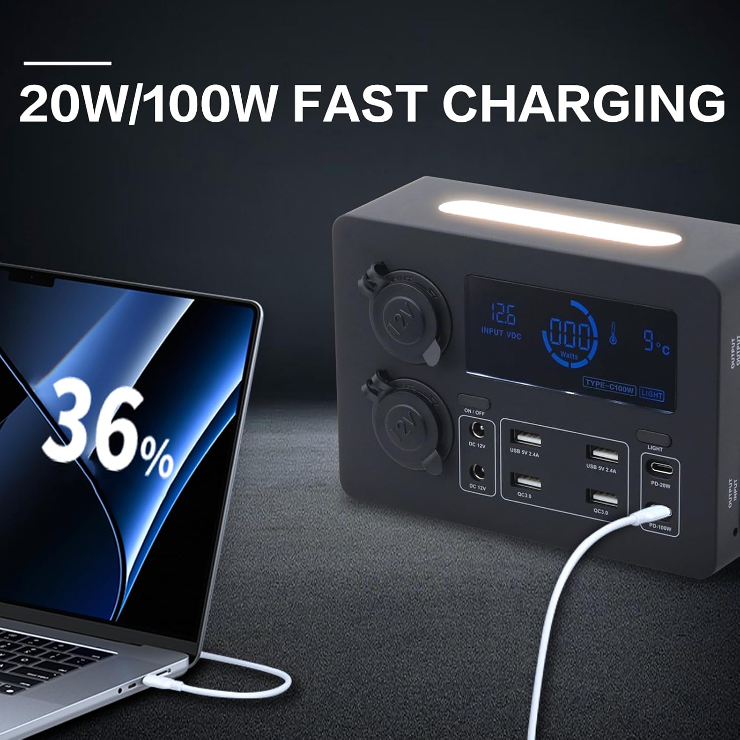 12-24 V Power Outlet Hub Distribution Box 13 Output Sockets Quick Plug+PD20W/100W+QC3.0 USB+CIG Power Sockets Plug-and-Play with LCD Display LED Light Suitable for All Deep-cycle Type