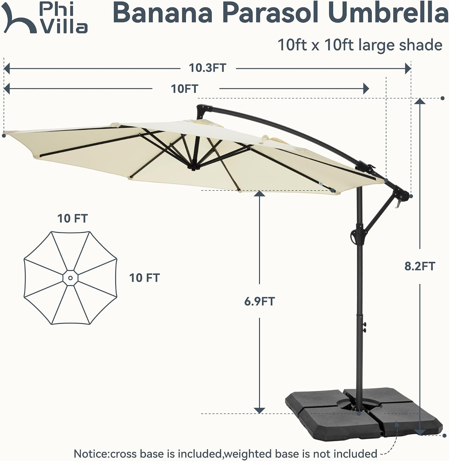 PHI VILLA 10ft Offset Patio Umbrellas, Outdoor Market Hanging Umbrella with 8 Ribs & Cross Base(No Weight), for Deck Pool Porch Backyard, Off-white