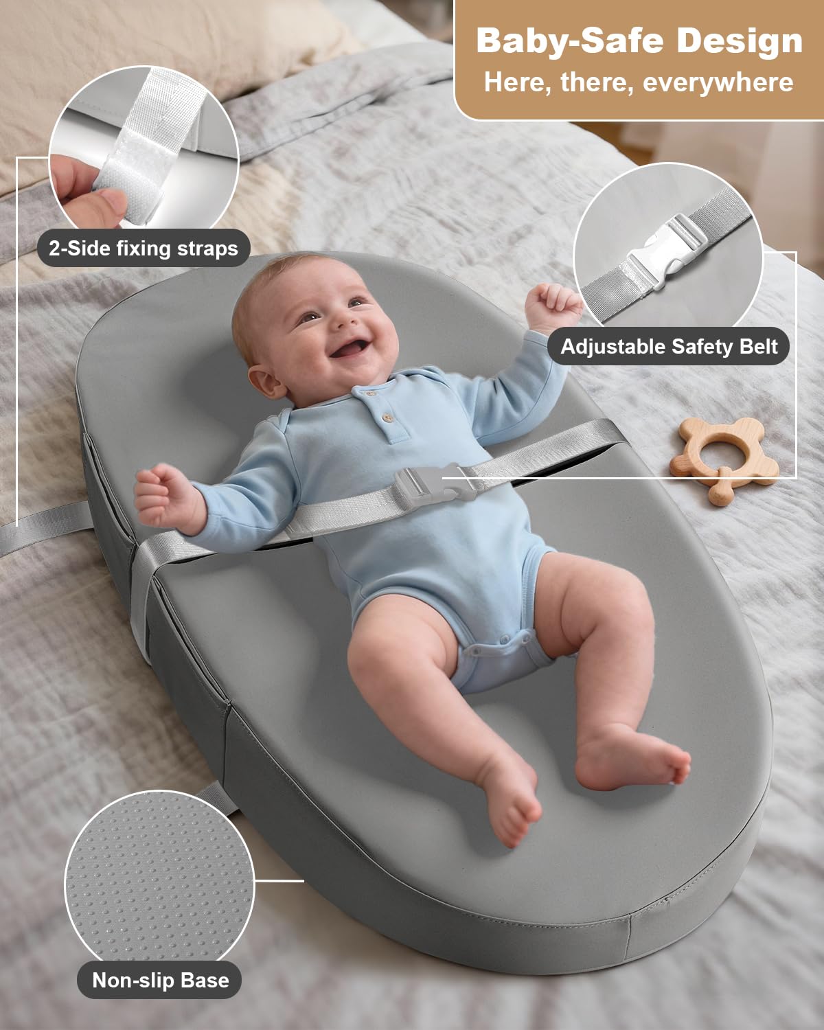 Vegan Leather Baby Changing Mat with Wipeable & Waterproof PU Cover (80 x 40 x 10cm) Baby Nappy Changing Mat for Dresser with Anti-Roll & Non-Slip Safety Belt & Storage - Image 3