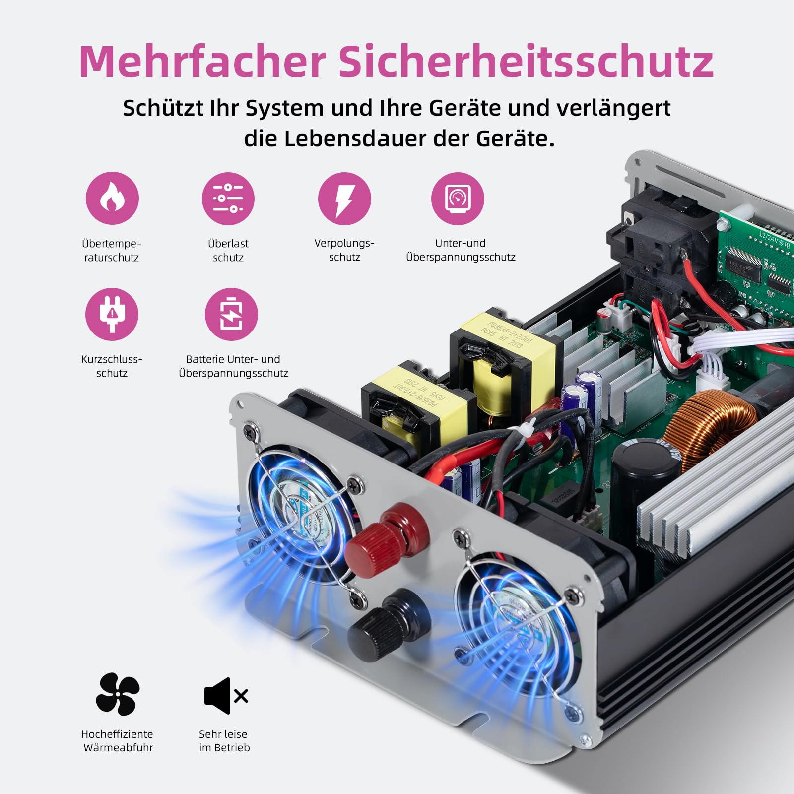 CNCEJIA 1000W Wechselrichter Reiner Sinus 12v auf 230v Spannungswandler mit 2 USB Anschlüsse 2 Steckdose LCD-Display für Auto Wohnmobil Camping (Schwarz)