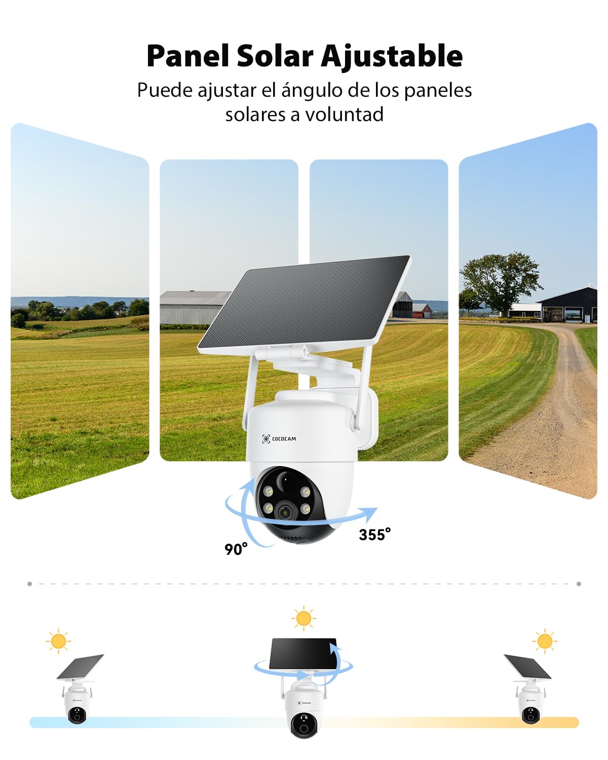 COCOCAM 4K 8MP Camara Vigilancia WiFi Exterior Solar con 10000mAh Batería | Panel Solar Ajustable 5W, Reconocimiento por IA, Detección Humana Mediante PIR, 355°P 90°T, WiFi 2.4GHz, WIFI 6, IP66
