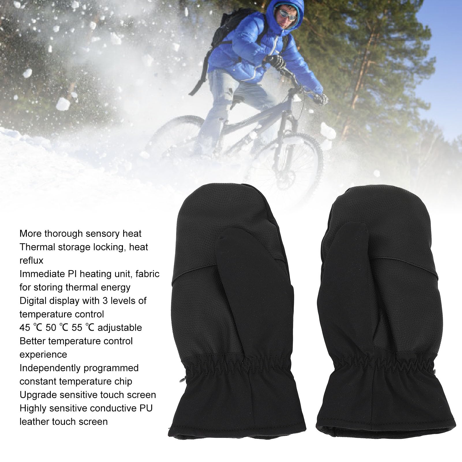 1 par de Guantes Calefactables, Guantes de Invierno Negros para Mujer, Pantalla Digital, 3 Temperaturas, Resistente Al Viento, Forro de Felpa Lavable, Manoplas Cálidas de