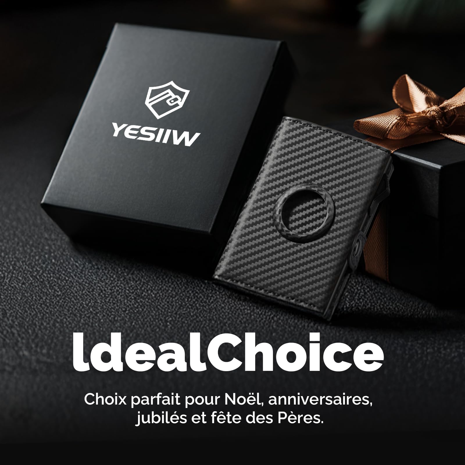 YESIIW AirTag Portefeuille pour Homme avec Blocage RFID, Compact Air Tag pour 12 Cartes, Porte-Monnaie Pop-up avec Compartiment à Monnaie et 2 fenêtres d'identité, Noir Carbone
