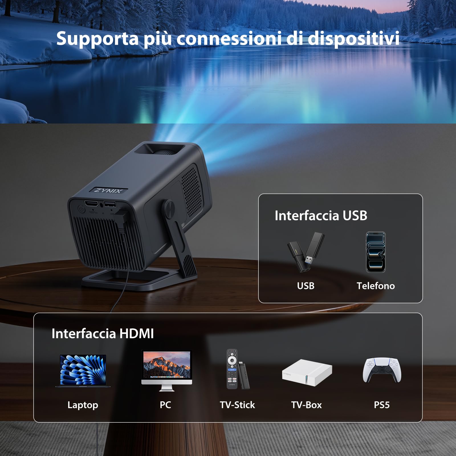 ZYNIX Mini Proiettore con Android 14, Supporta 4K e 1080P, NIX500 | Smart Proiettore con WiFi 6 e Bluetooth 5.4, Auto Keystone e Rotazione 210° per Home Cinema, Gaming e Outdoor