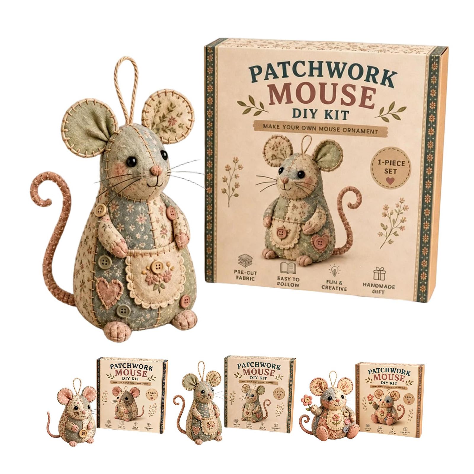 Patchwork Mouse DIY Kit Gifts, Handmade Sewing Craft Set with Floral Fabric, Stuffing, Buttons, 3D Felt Animal, for Adults and Beginners (Multicolor-C)