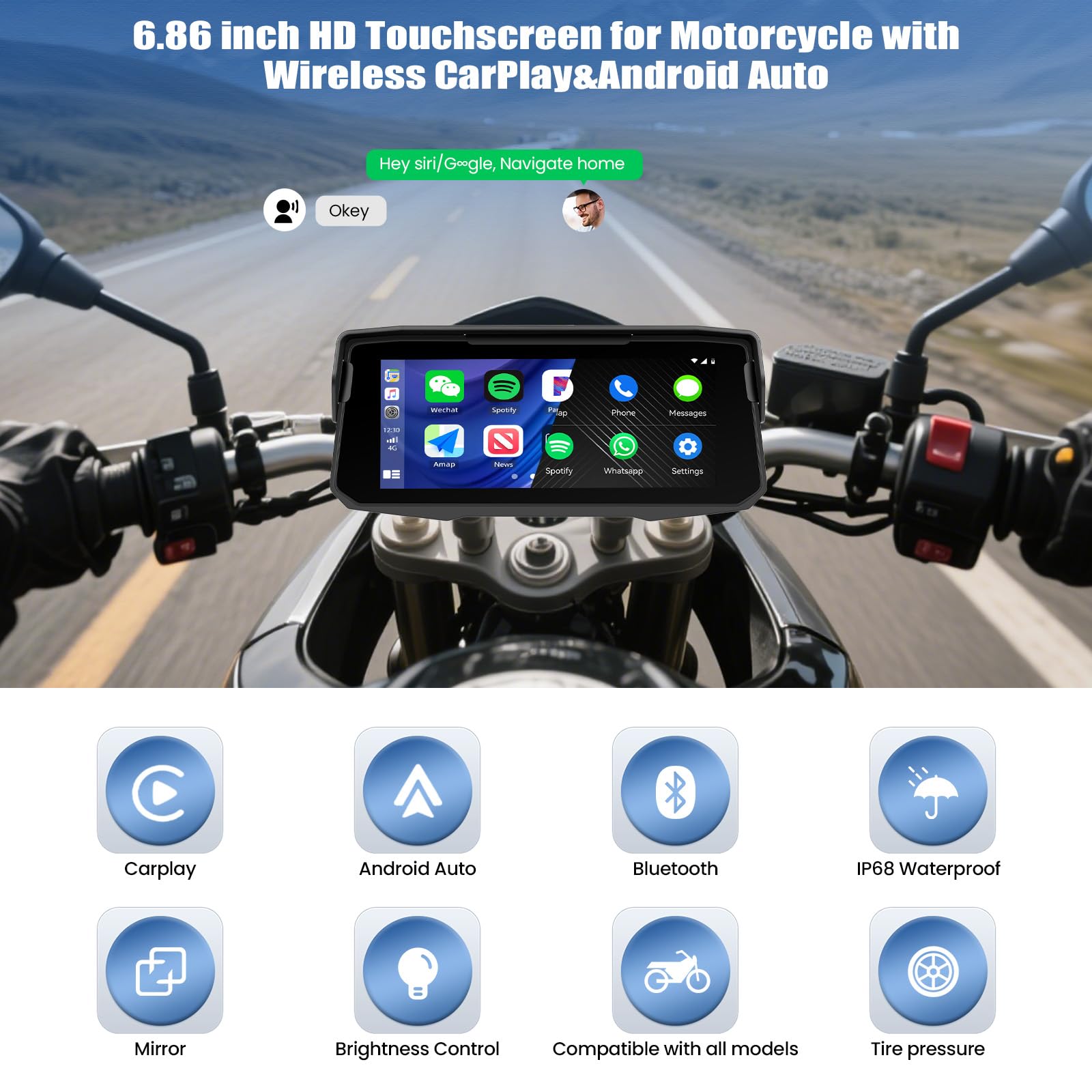 SIXWIN Moto Carplay Schermo, Senza Fili CarPlay e Android Auto,Portatile da 6.68 Pollici Touchscreen Navigazione Moto con Doppio Bluetooth/Airplay/Android Cast/IP67 Impermeabile/Equalizzatore