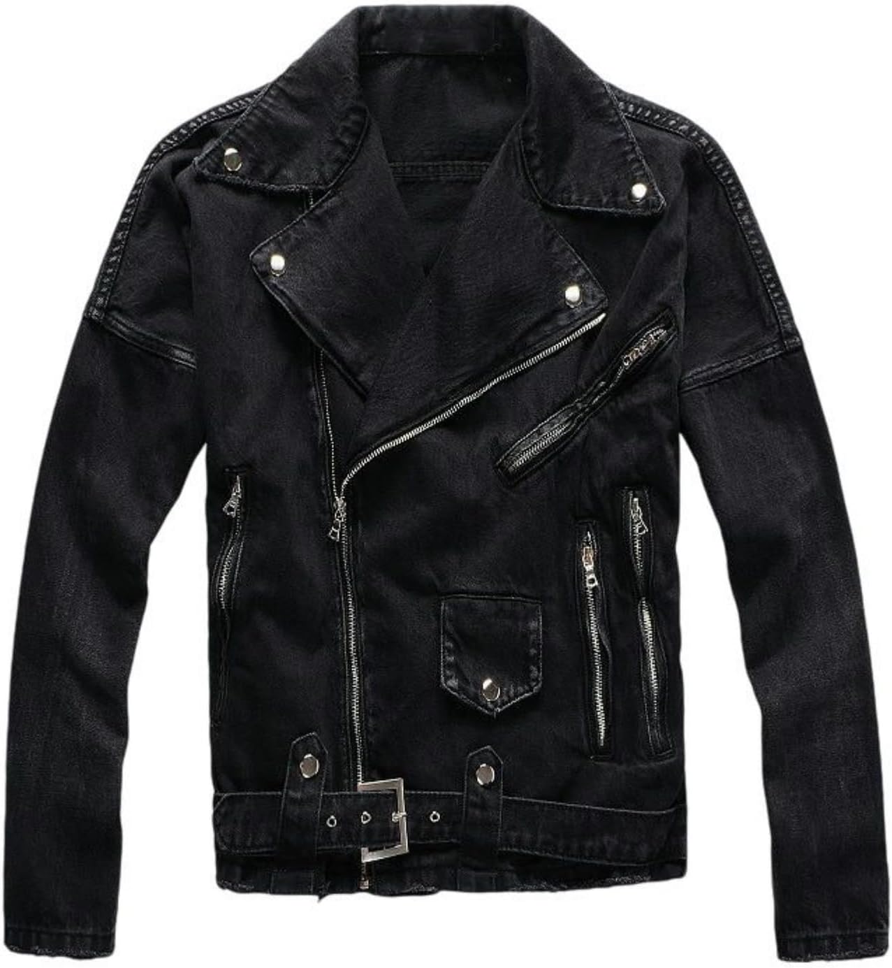 Men Punk Style Asymmetric Zip Slim Short Biker Trendy Denim Jacket