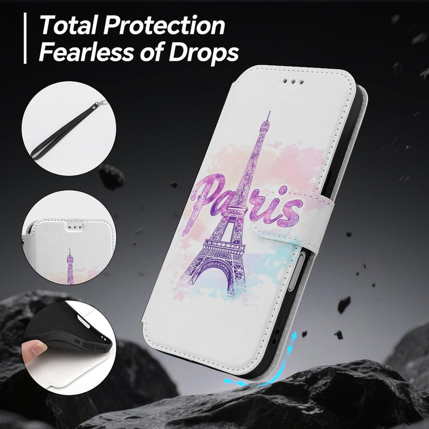 Dreamy Paris Eiffel Tower Compatible with iPhone 16/16 Plus/16 Pro/16 Pro Max/16 E Case Phone Wallet Card Holder Flip Cover with Wrist Strap