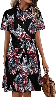 4th of July Cat U.S. Flag Women's Lapel Short Sleeves Mini Dress Beach Vacation Button-Down Shirt Dresses