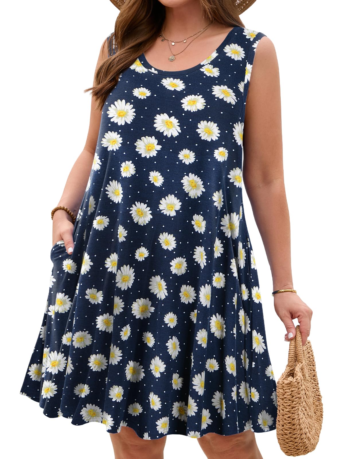 JollieLovin Women Plus Size Curvy Summer Tank Sun Dresses Sleeveless Causal T-Shirt Dress Beach Swing Cover up(L-5X)