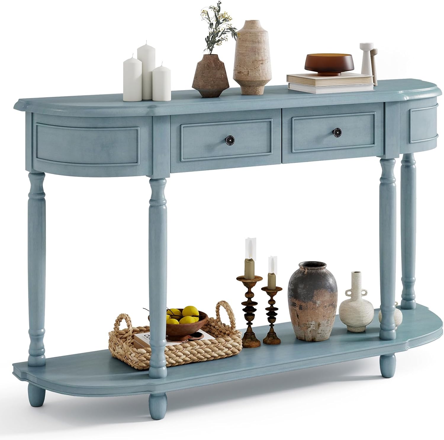 52" Blue Wood Console Table with Storage Drawers and Shelf