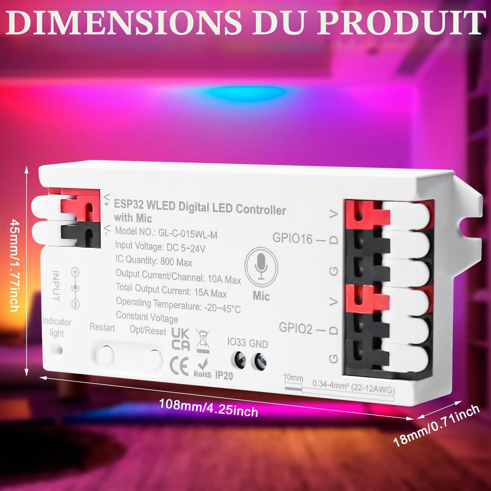 Contrôleur WLED ESP32, bande LED adressable numérique avec microphone pour NeoPixel (WS2812B, WS2811, SK6812), DC5-24V, parfait pour les lampes numériques RVB et RGBW