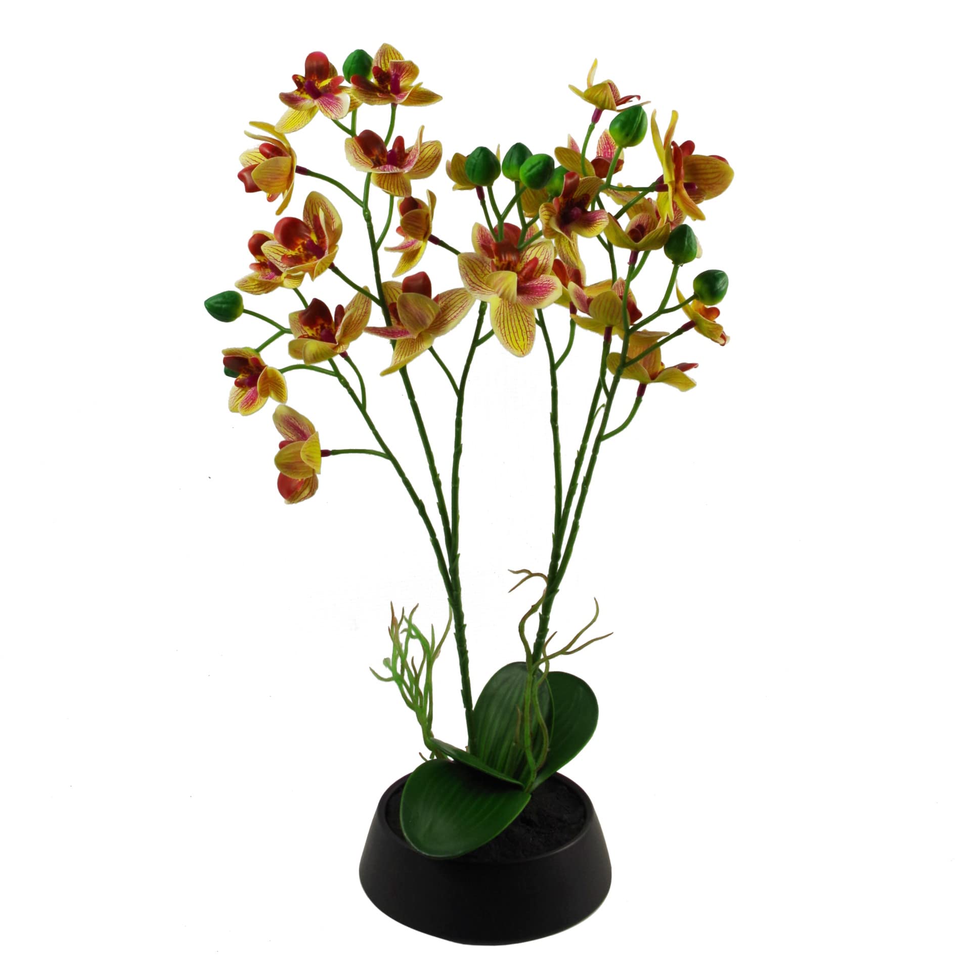 Leaf Yellow Pink Artificial Orchid With Black Ceramic Planter, 43Cm