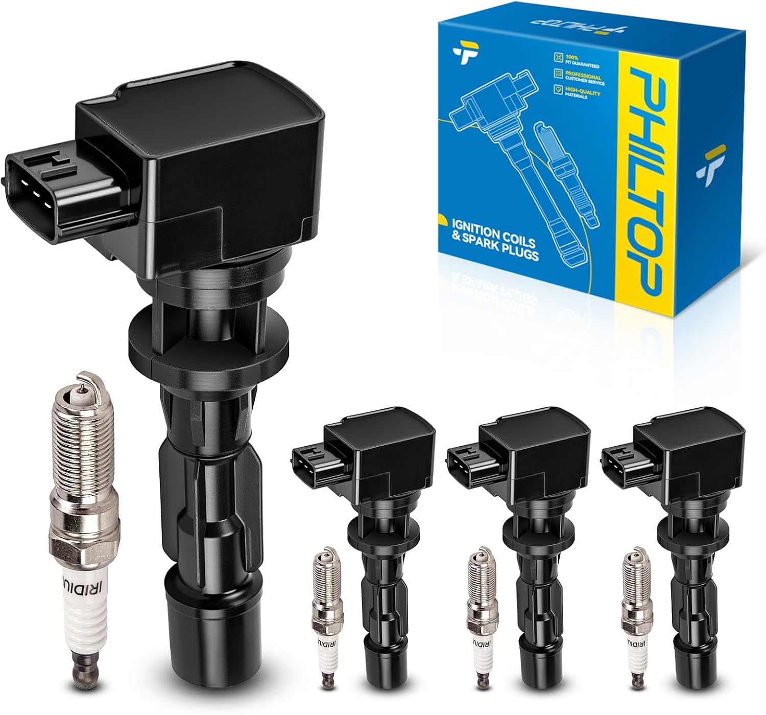 PHILTOP Ignition Coil Pack and Iridium Spark Plugs Fits for Mazda 2008-2010 2012-2015 5, 4PCS UF604