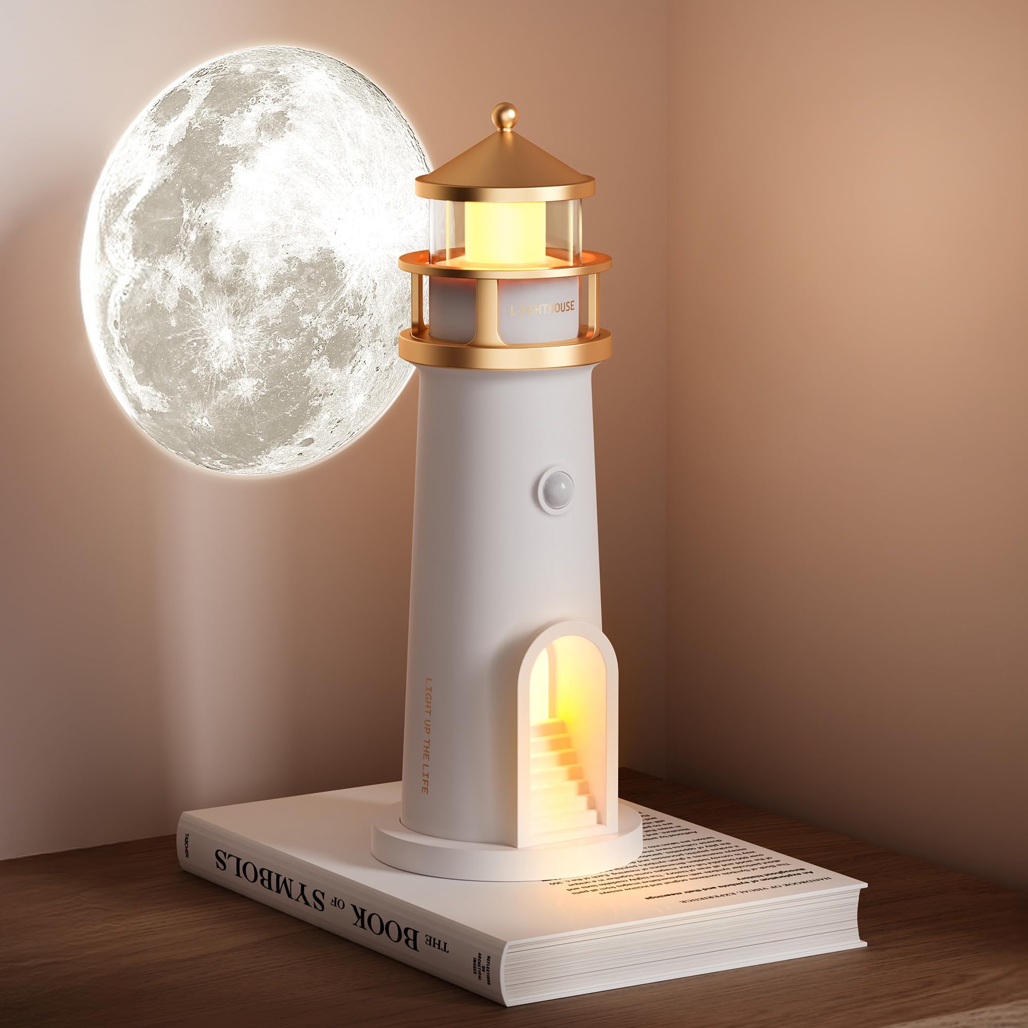 NEWSEE Moon Lamp Set of 2, Lighthouse Night Lights with Full Moon Projector, Cordless Motion Sensor Moon Lighthouse Lamp, Rechargable Battery Powered Lamps for Kids, Boys, Girls, Gift, Decor, 9.6 inch
