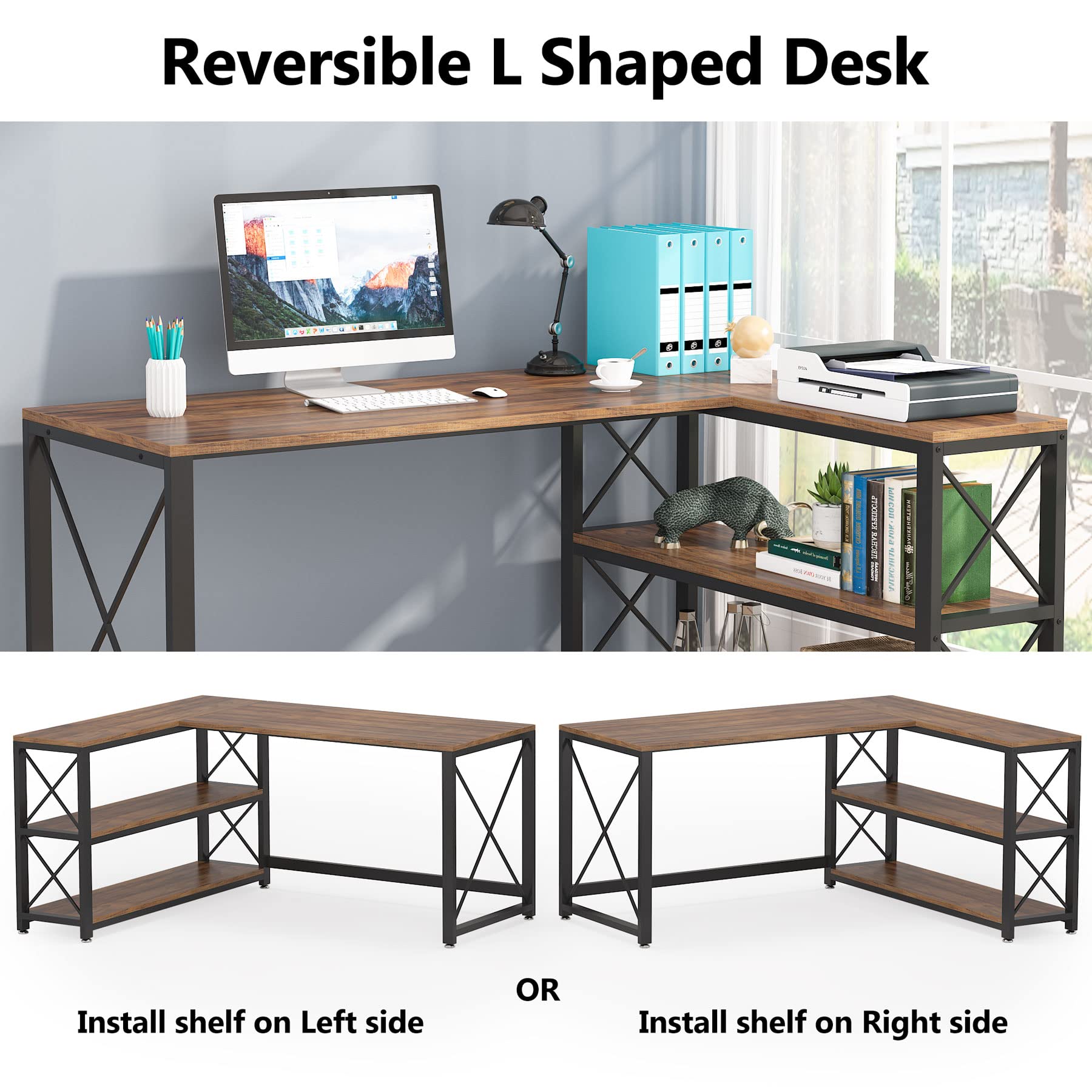 Amazon.co.jp: Tribesigns リバーシブル インダストリアル L字型デスク